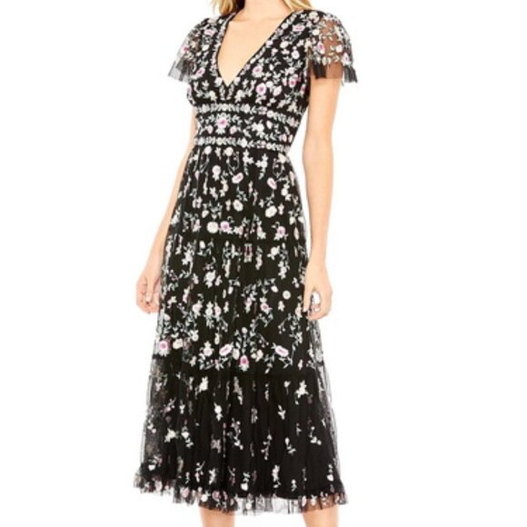 Mac Duggal Black Multi Embroidered V Neck Cap Sleeve Midi Dress